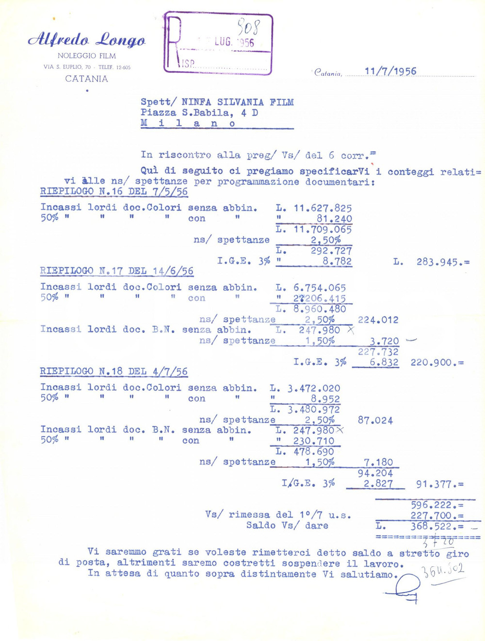 Documento originale, autentico 1956 CATANIA CINEMA Conteggi Alfredo LONGO Noleggio film per documentari 1