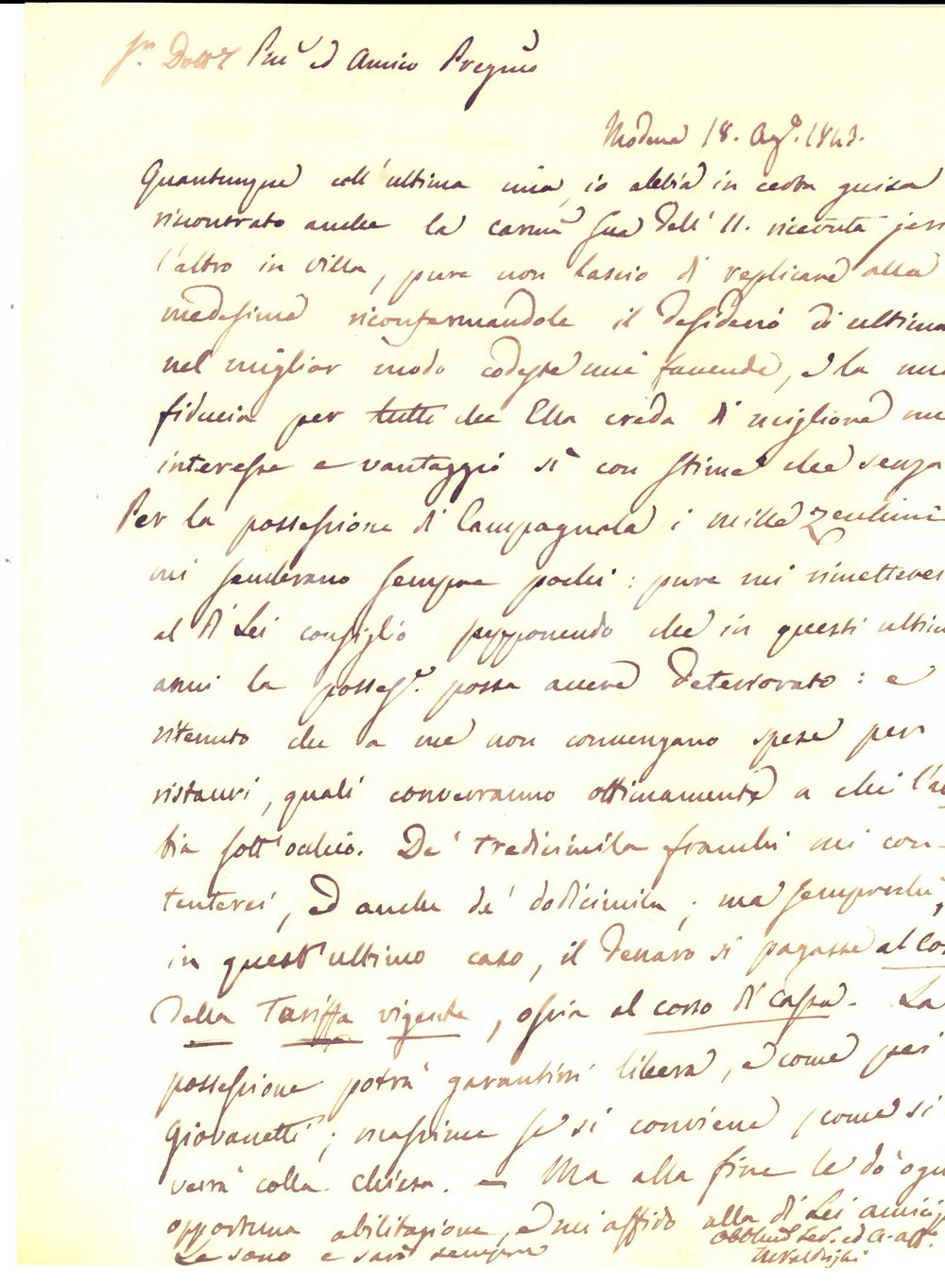 Manoscritto, lettera originale 1843 MODENA Vendita di un podere in stato di abbandono Prefilatelica 1