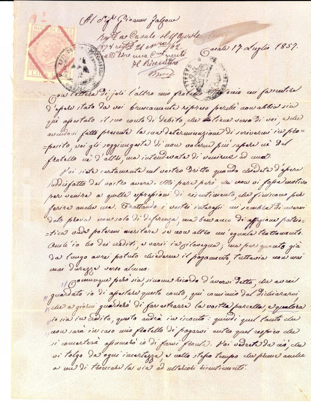 Documento originale, autentico 1857 CASALE MONFERRATO (AL) Avv. Bernardino GUIDA offeso da un creditore 1