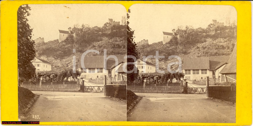 Fotografia d'epoca originale 1900 circa BADEN (CH) rovine del castello stereoscopia 1