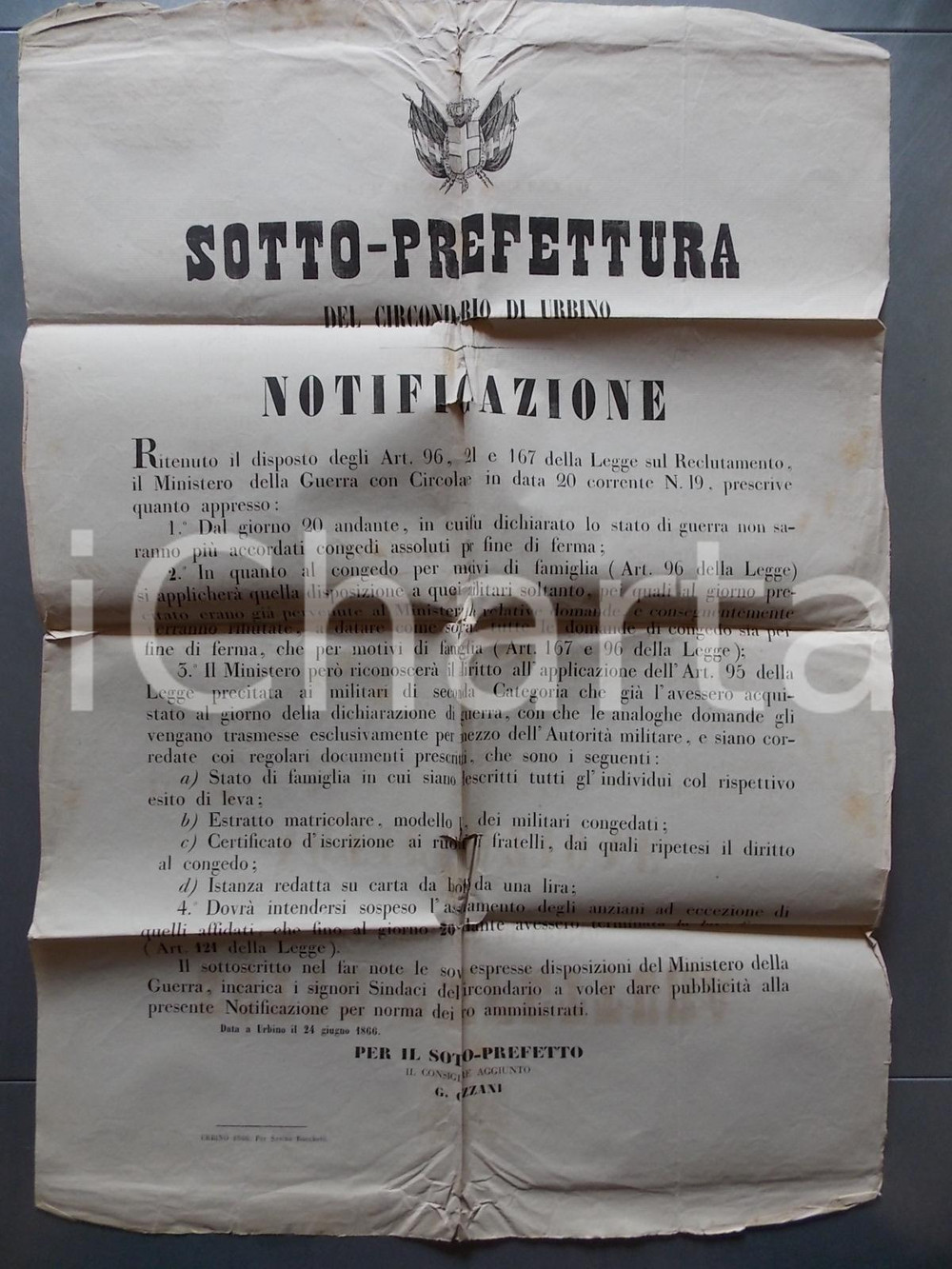 Documento originale, autentico 1866 RISORGIMENTO URBINO Divieto di congedo per militari in guerra Manifesto 1
