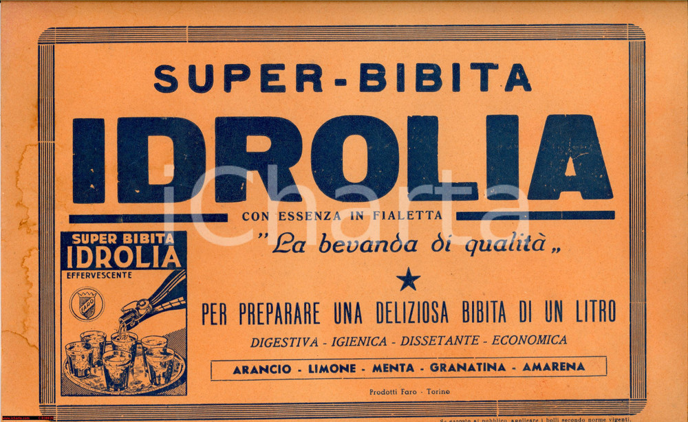 Materiale pubblicitario d’epoca 1940 ca TORINO Prodotti FARO Super Bibita IDROLIA Pubblicità  vintage 35x25 1