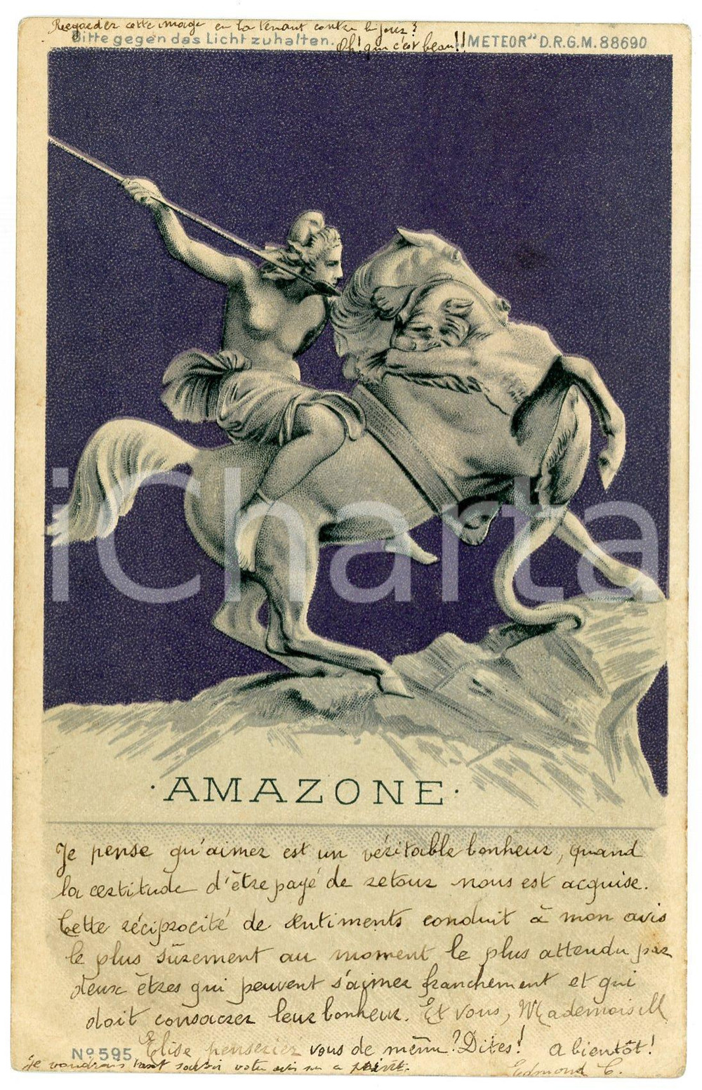 1900 AMAZONE - illustrated old postcard METEOR  Cartolina postale d'epoca, viaggiata.CONDIZIONI: F (piccole piegature angolari al lato inferiore)FORMATO: FP    originale e autentica 1