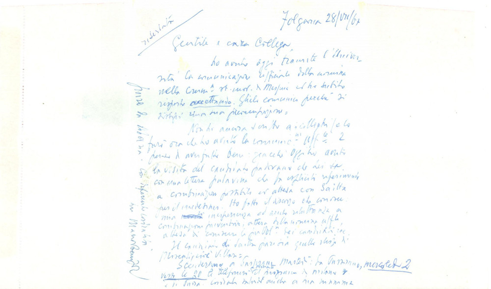 Autografo originale 1967 FOLGARIA TN Storico Mario BENDISCIOLI riluttante a combinare concorsi 1