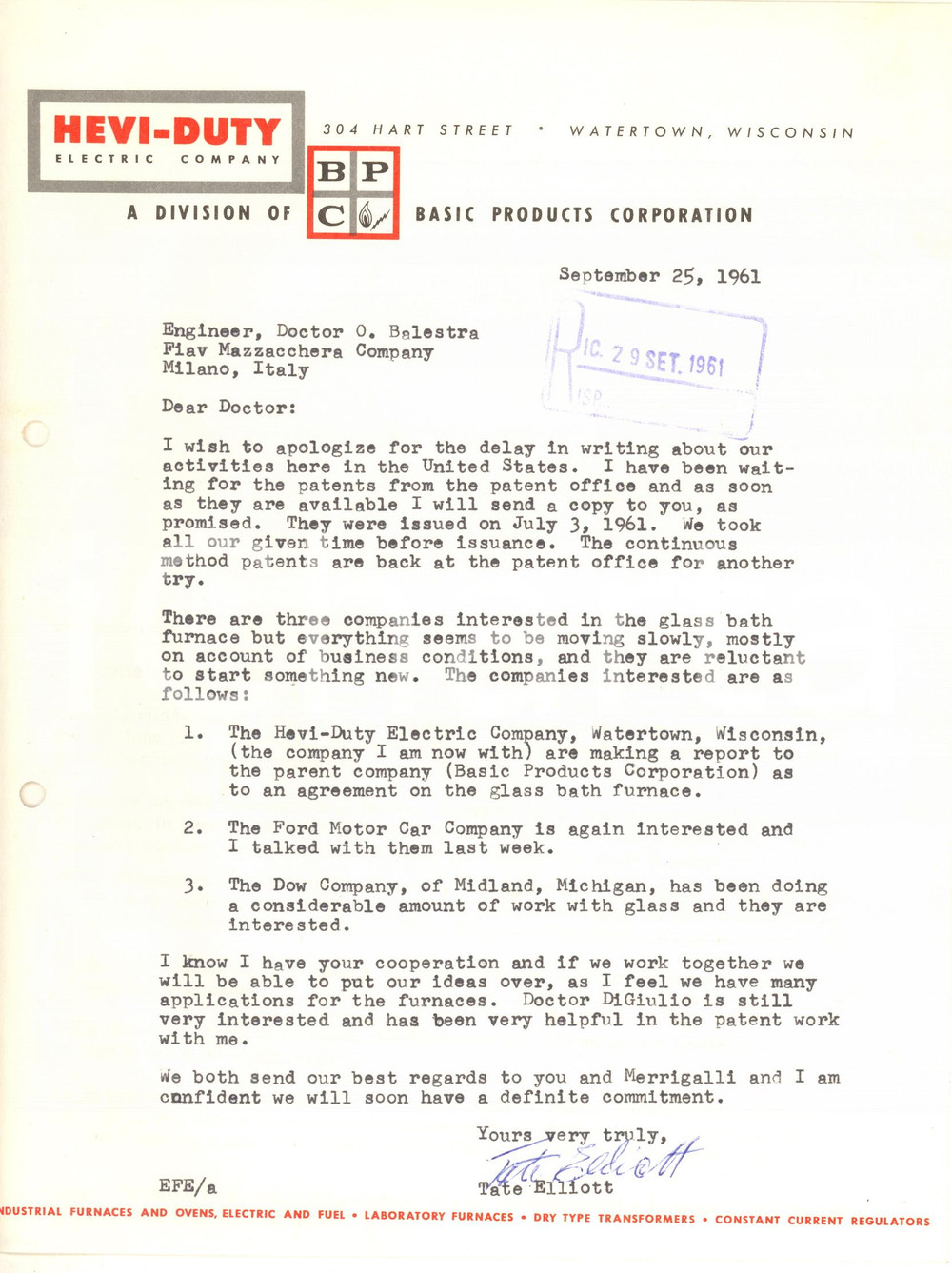 Autografo originale 1961 WATERTOWN Lettera E. F. TATE ELLIOTT  HeviDuty Electric Company AUTOGRAFO 1