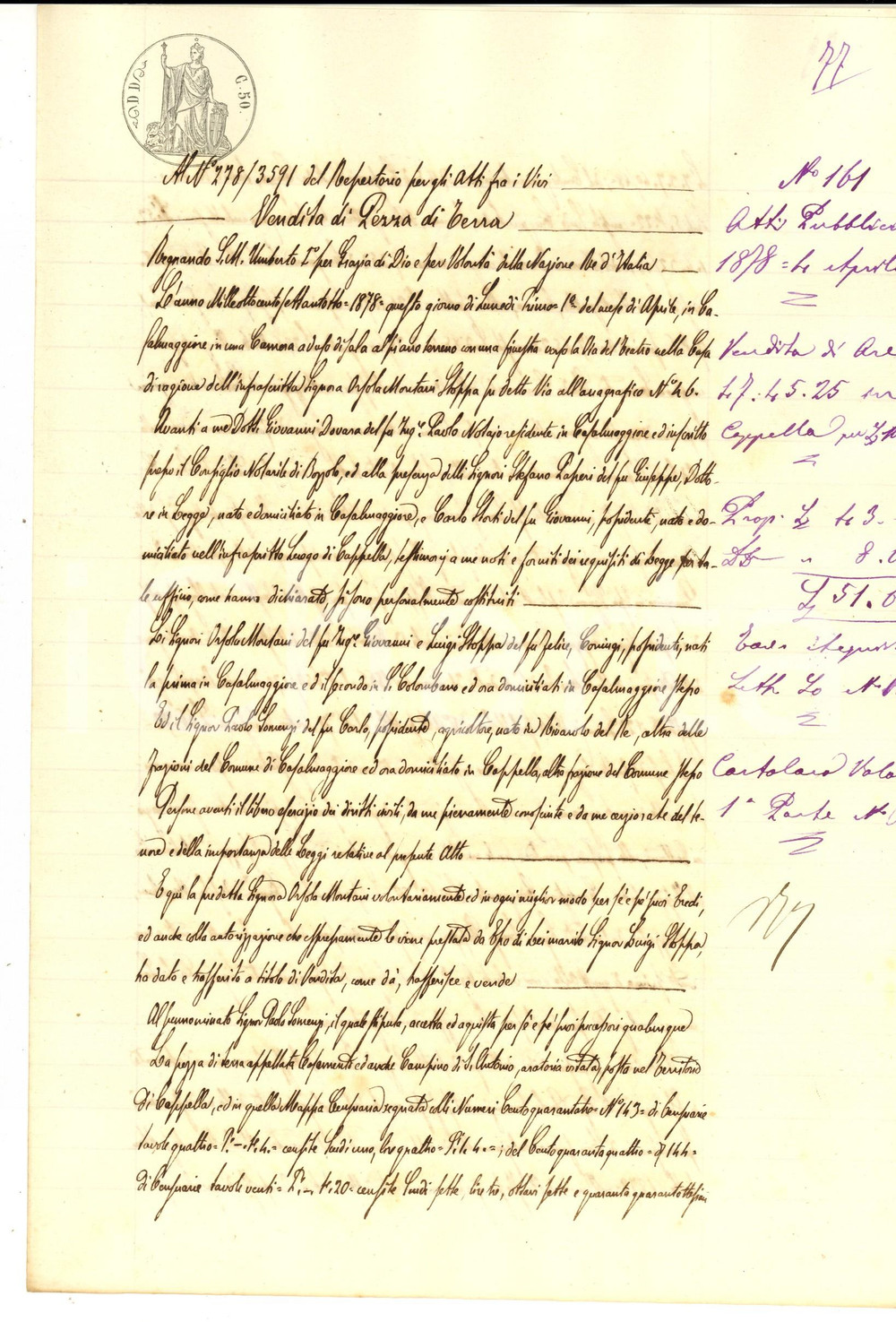 Documento originale, autentico 1878 CAPPELLA / CASALMAGGIORE Orsola MONTANI vende terra a Paolo SOMENZI 1