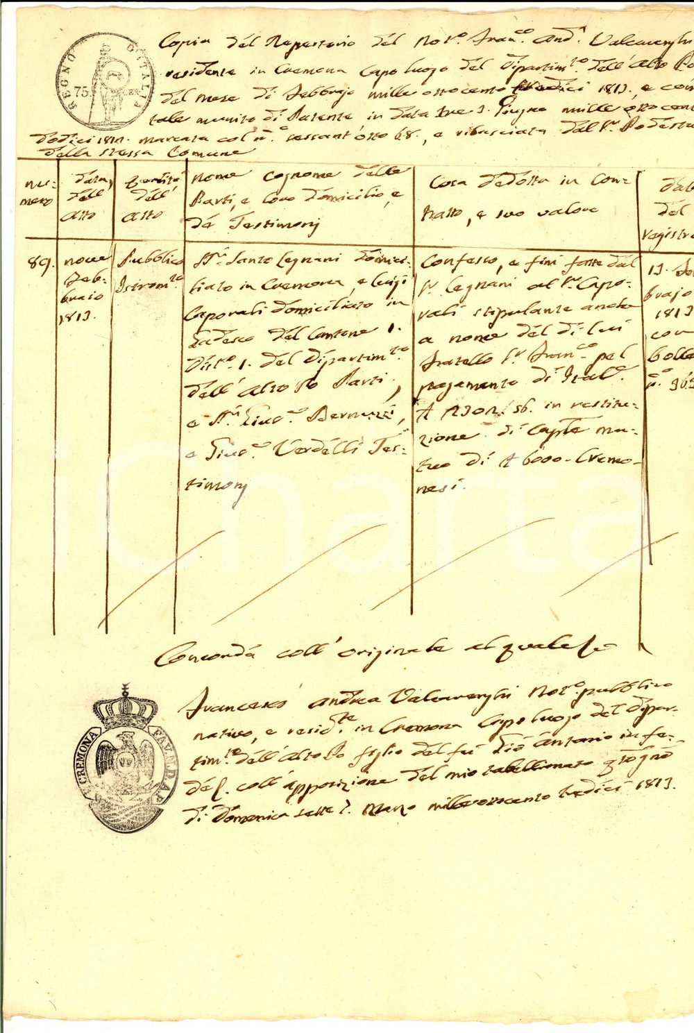 Documento originale, autentico 1813 CREMONA Repertorio atti notaio Francesco Andrea VALCARENGHI 1