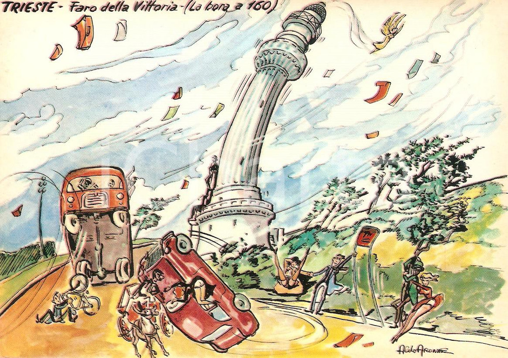 Cartolina originale da collezione 1965 TRIESTE Bora piega il Faro della Vittoria Cartolina Illustrata Aldo ARONNE 1