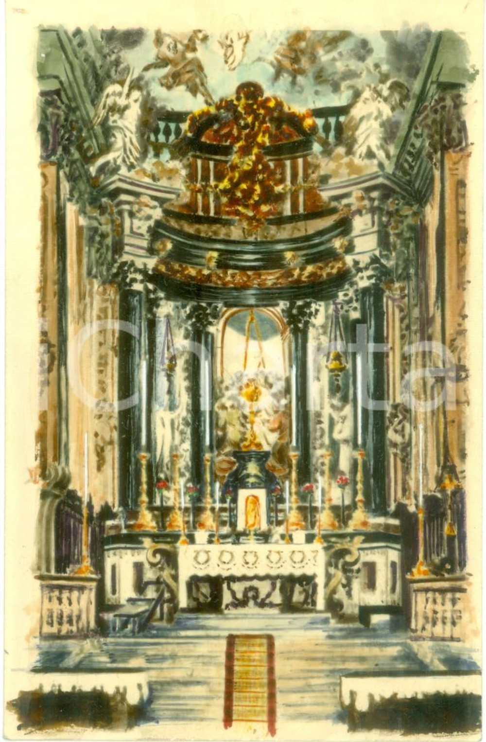 Cartolina originale da collezione 1950 ca VARALLO SESIA Altare Basilica dell Assunta Cartolina COLORATA A MANO 1