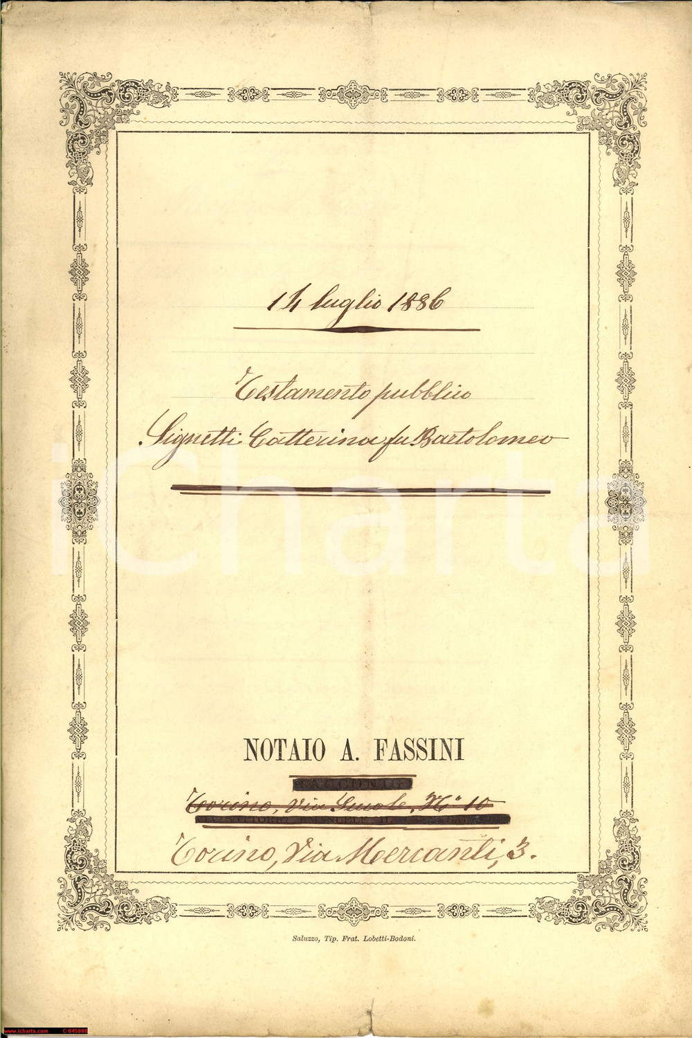 Documento originale, autentico 1886 TORINO EreditÃ  Caterina SIGNETTI moglie lasciata 1