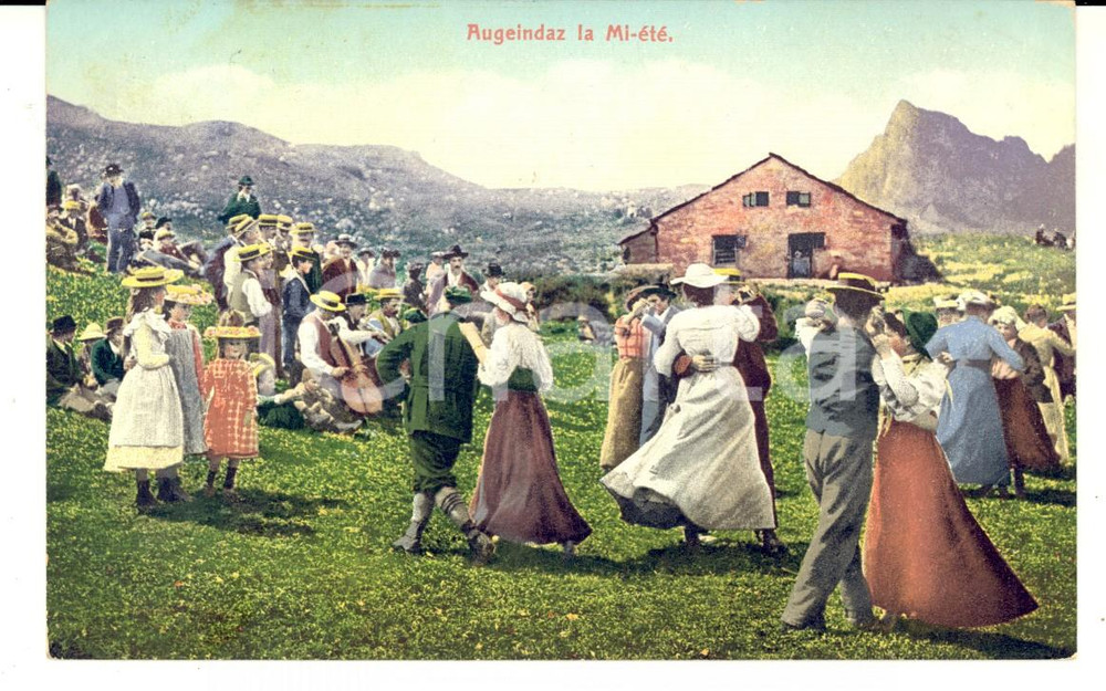 Cartolina originale da collezione 1911 COSTUMI SVIZZERA Augeindaz  La mi Ã©tÃ©   Danza Cartolina DANNEGGIATA 1