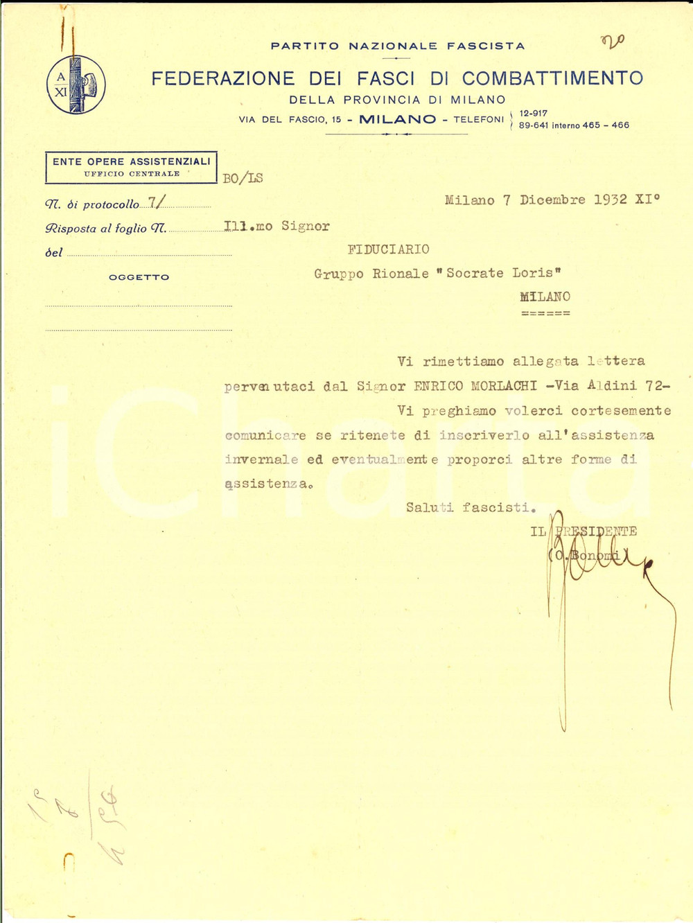 Documento originale, autentico 1932 PNF MILANO Lettera su assistenza a Enrico MORLACHI Autografo Oreste BONOMI 1