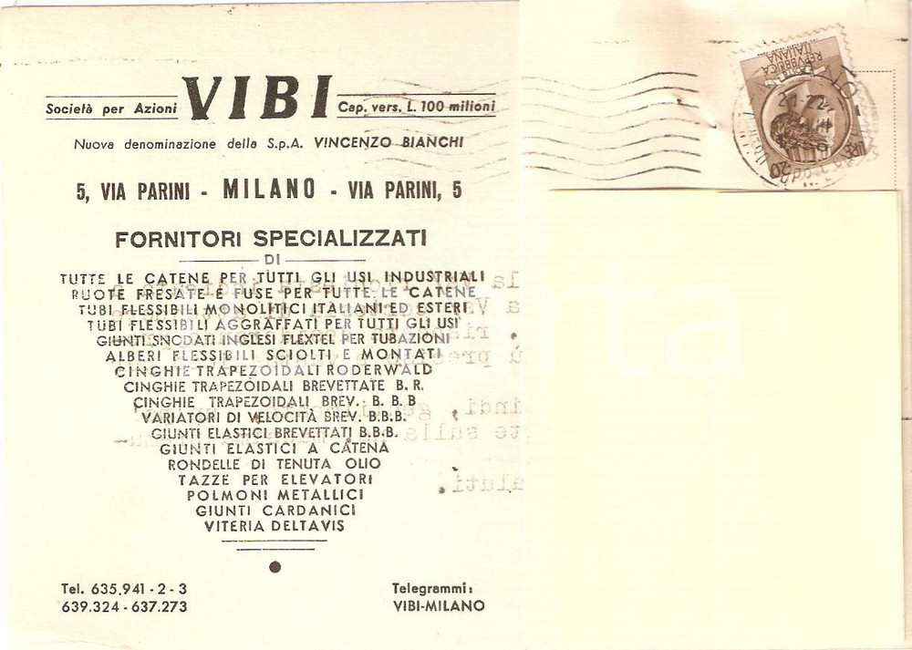 Cartolina originale da collezione 1956 MILANO SocietÃ  Vincenzo Bianchi VIBI Catena Cartolina Commerciale 1
