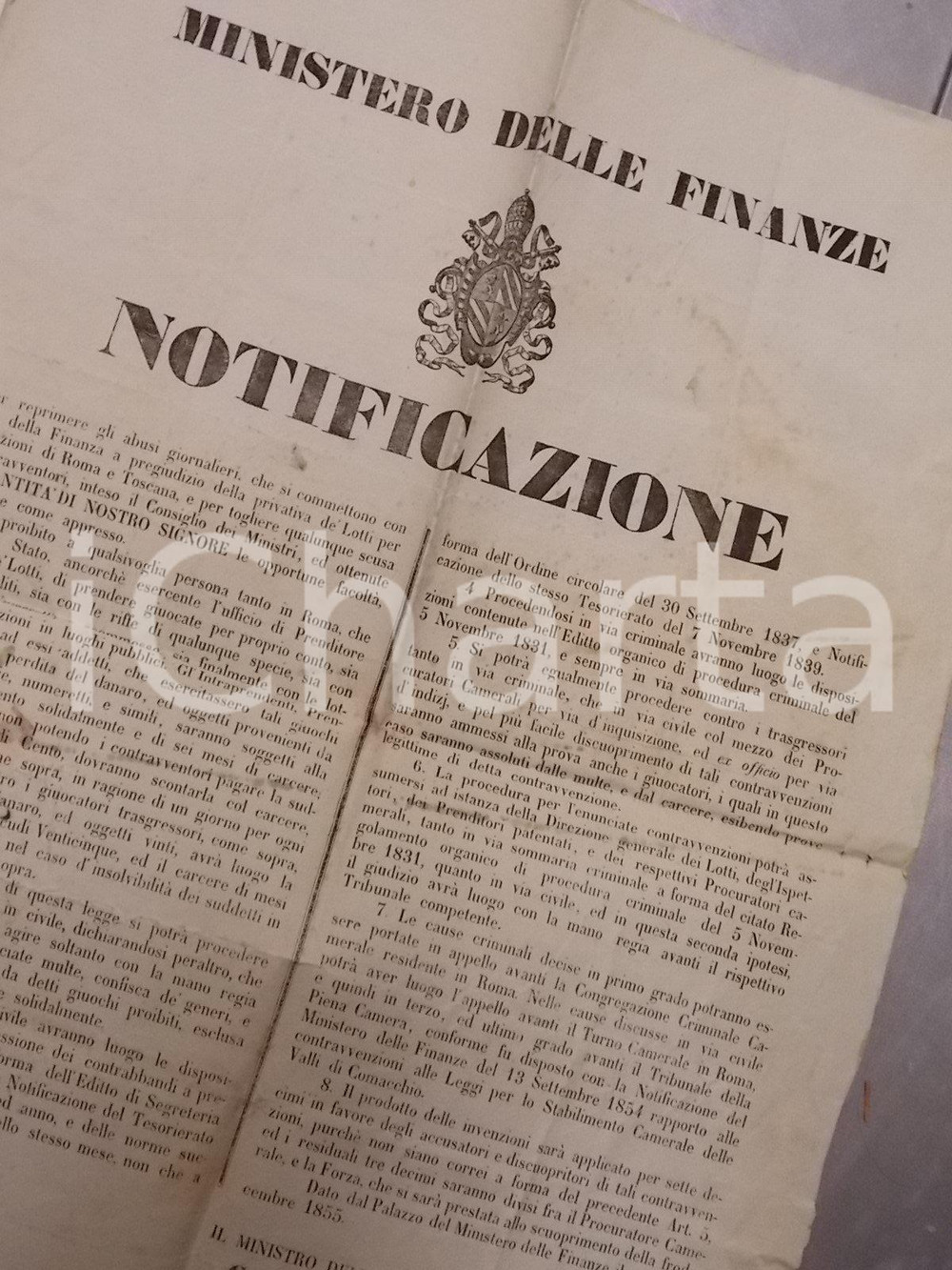 Documento originale, autentico 1855 ROMA STATO PONTIFICIO Sanzioni vs ricevitorie clandestine del LOTTO 1