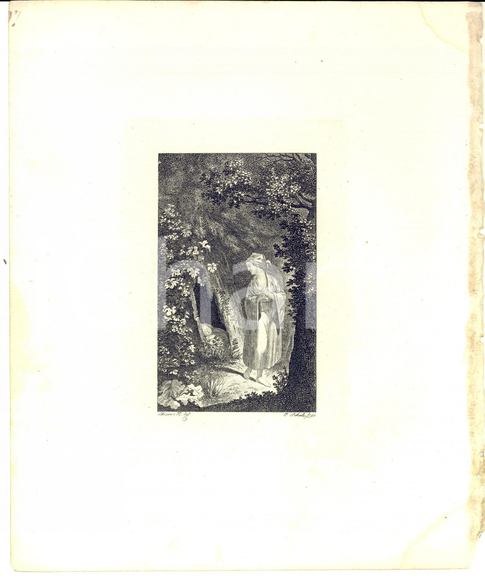Stampa, bozzetto originale 1850 ca GERMANY Madre nasconde neonato in un albero Stampa inc. SCHULE 20x24 cm 1