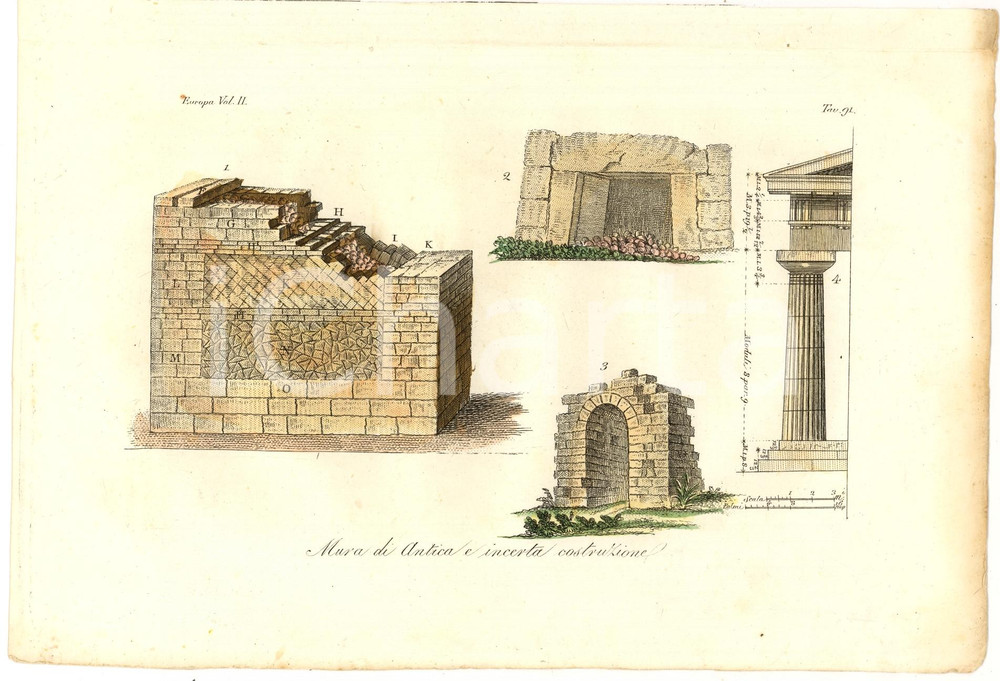 Stampa, bozzetto originale 1823 Mura di antica e incerta costruzione Stampa RARA 1