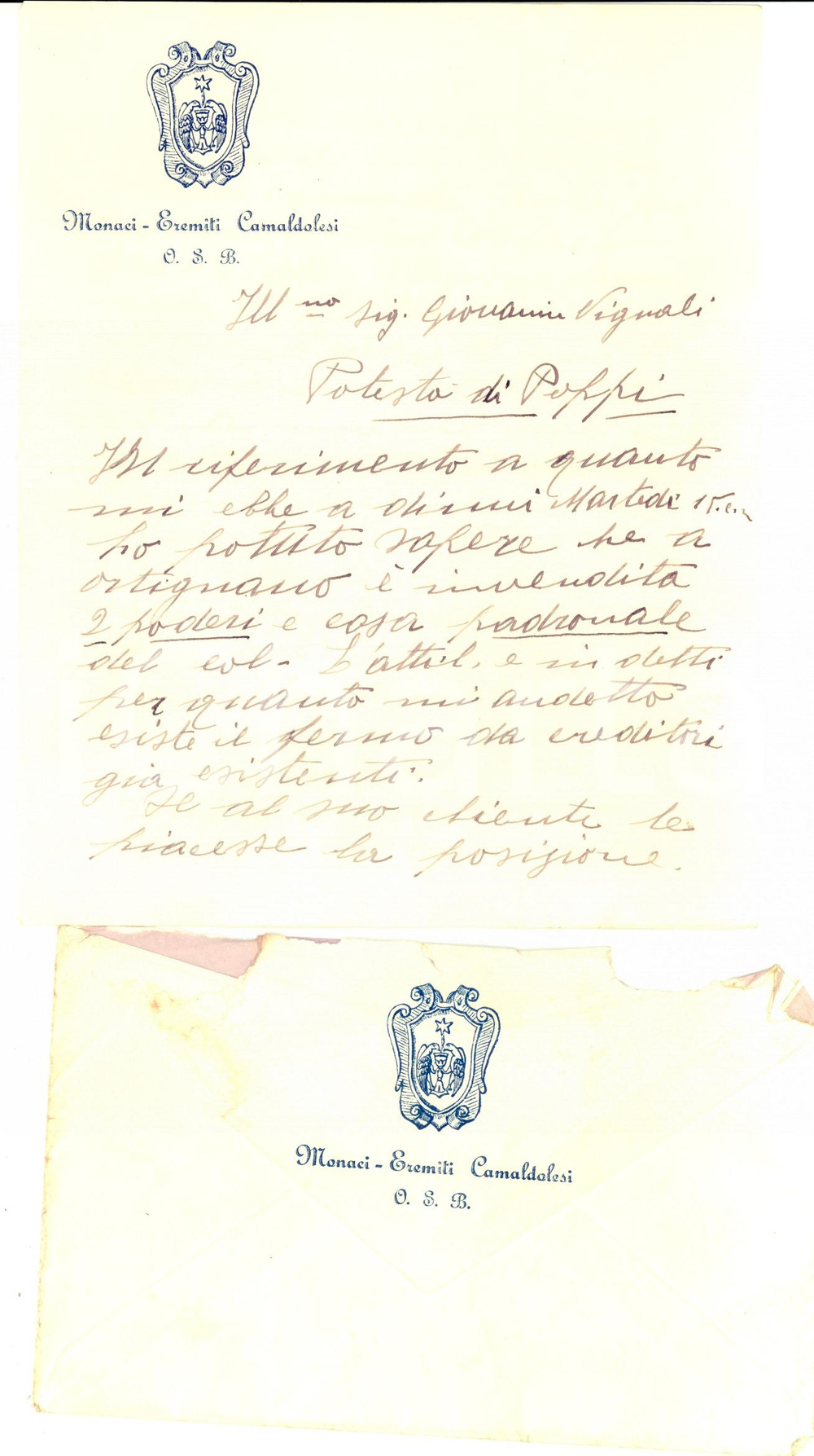 Manoscritto, lettera originale 1930 ca ORTIGNANO RAGGIOLO (AR) Casa in vendita per podestÃ  Giovanni VIGNALI 1