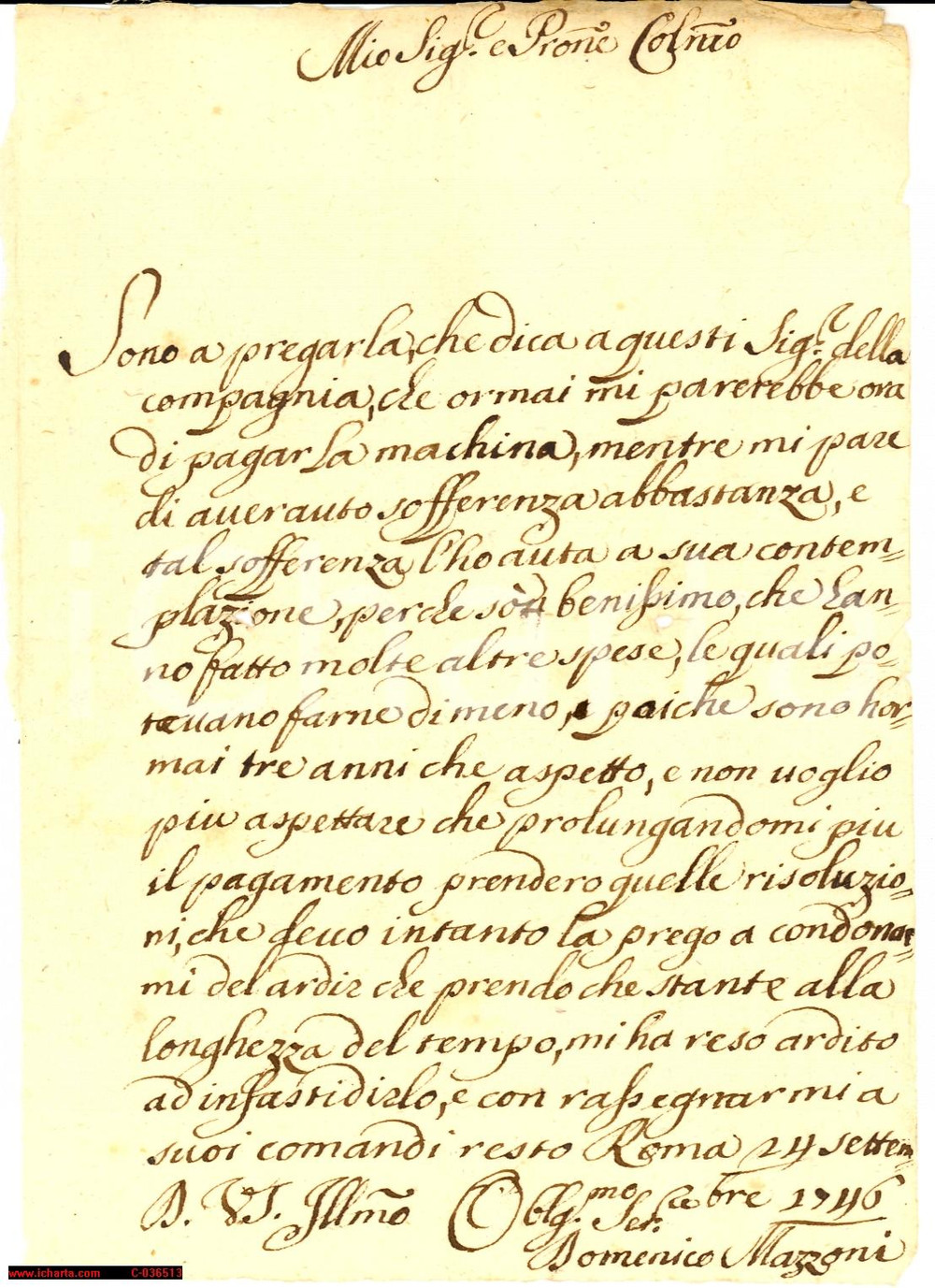 Documento originale, autentico 1746 ROMA Domenico Mazzoni chiede il saldo di un macchinario teatrale 1
