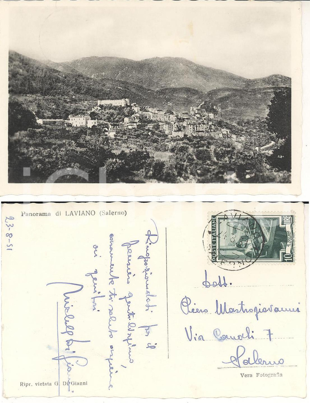 Autografo originale 1951 LAVIANO (SA) Panorama *Autografo avv. Michele DI GIANNI FP VG 1
