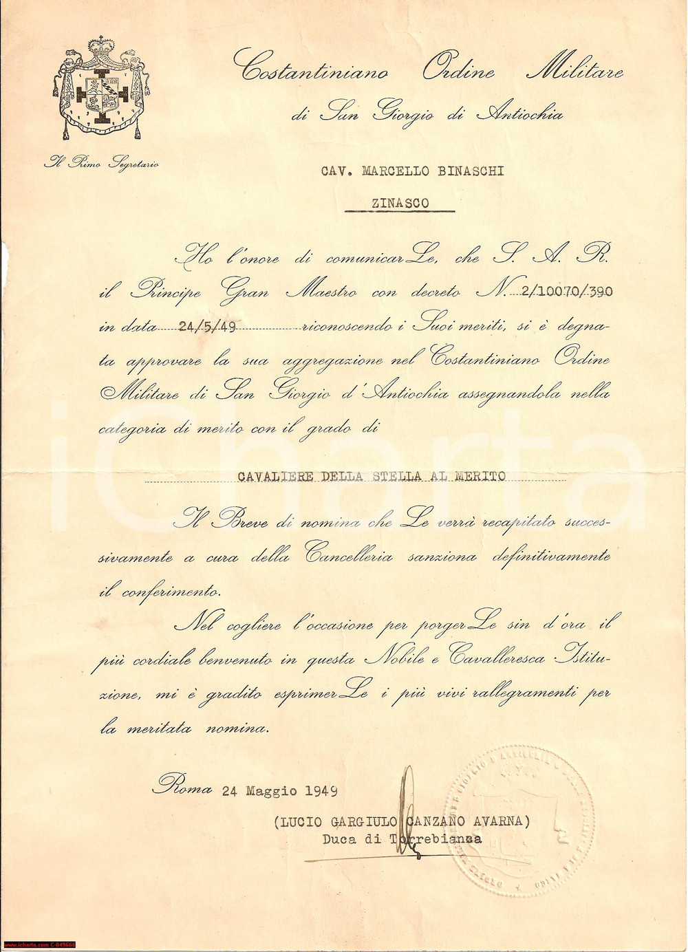 Documento originale, autentico 1949 ZINASCO PV Marcello BINASCHI Ordine Costantiniano 1