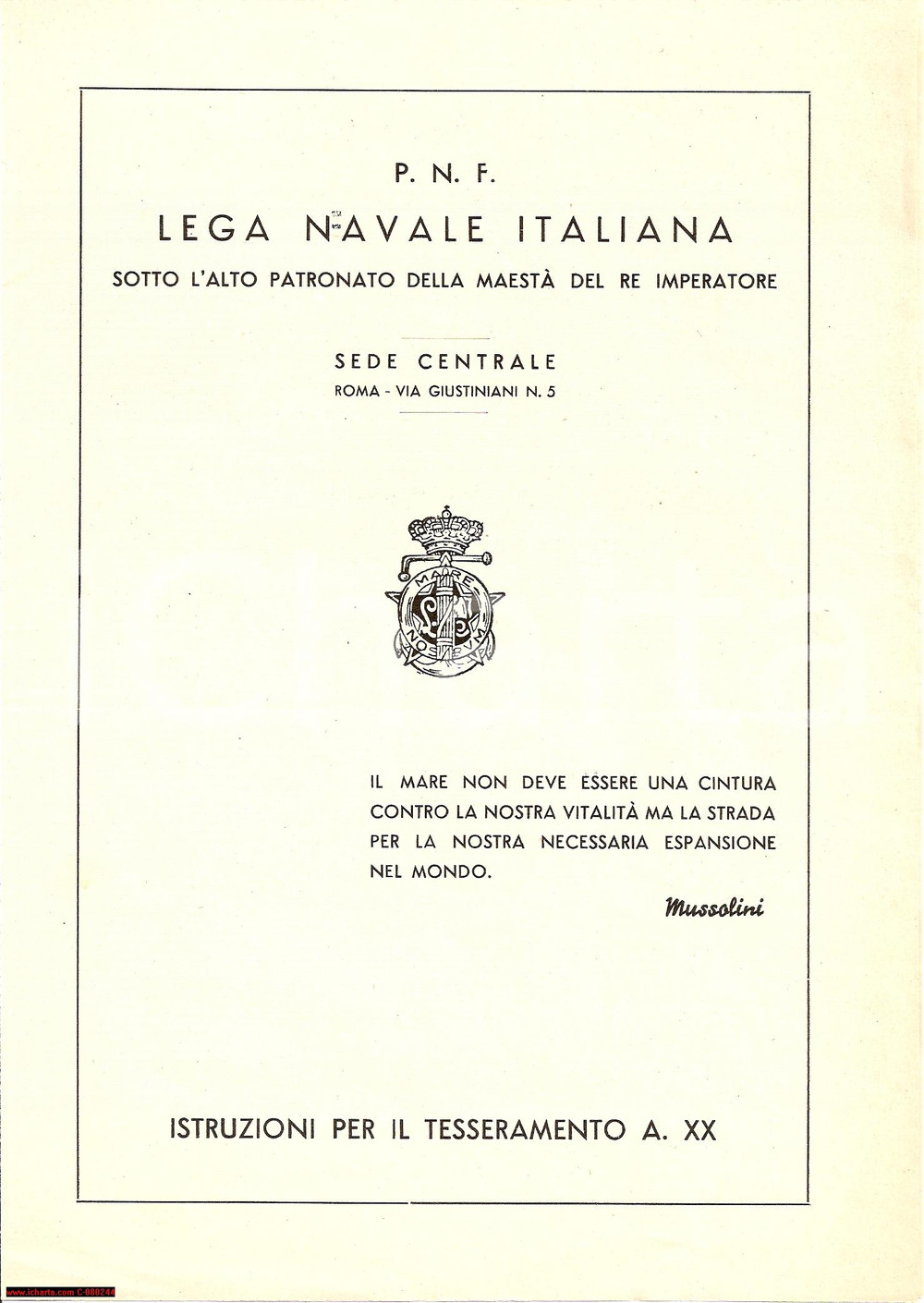 Documento originale, autentico 1942 P.N.F. Tesseramento scuole LEGA NAVALE ITALIANA 1