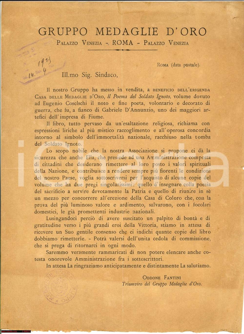 Documento originale, autentico 1925 ROMA Gruppo Medaglie d'Oro Coselschi eroe Fiume 1