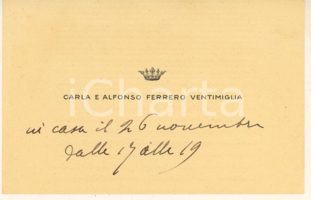 Autografo originale 1950 ca TORINO Biglietto Alfonso e Carla FERRERO DI VENTIMIGLIA *Autografo 1