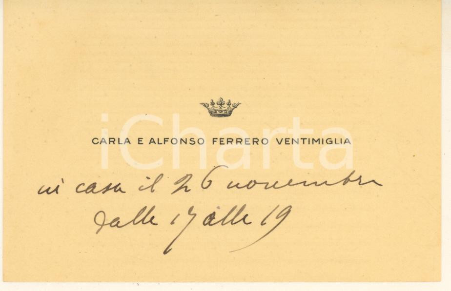 Autografo originale 1950 ca TORINO Biglietto Alfonso e Carla FERRERO DI VENTIMIGLIA Autografo 1