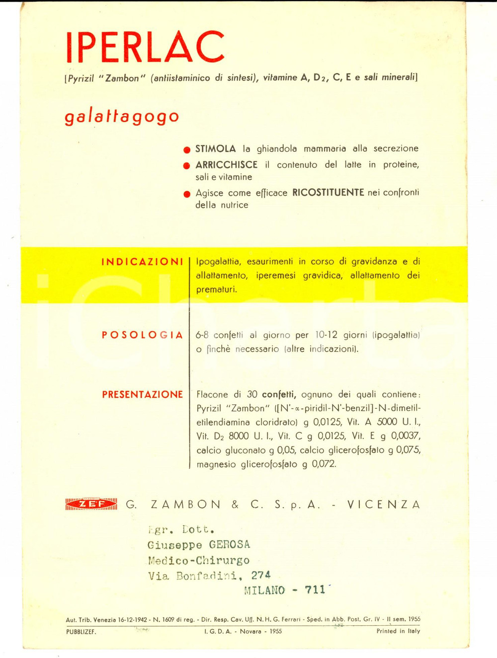 Materiale pubblicitario d’epoca 1955 VICENZA Farmaceutica Zambon IPERLAC Cartoncino con mappa UMBRIA 1