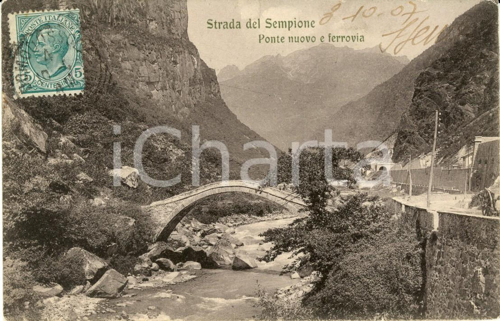 Cartolina originale da collezione 1907 VARZO VB STRADA DEL SEMPIONE Veduta del Ponte NUOVO e ferrovia FP VG 1