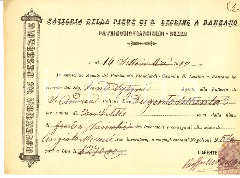 Documento originale, autentico 1902 PANZANO IN CHIANTI FI Fattoria PIEVE SAN LEONINO Ricevuta vendita bestiame 1