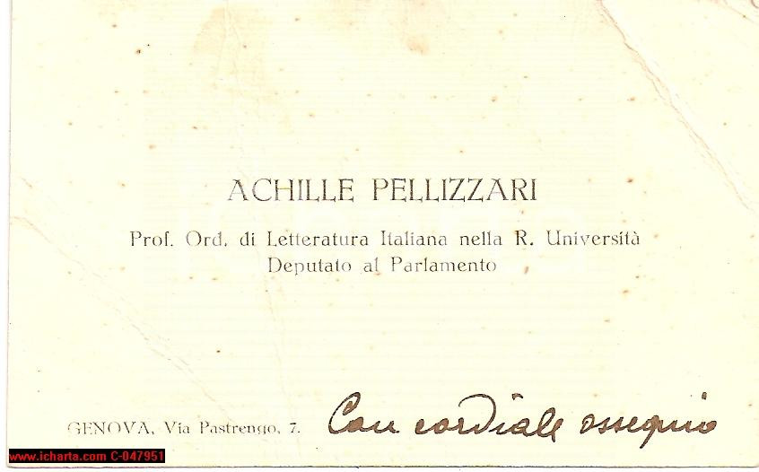 Oggetto da collezione cartaceo 1920ca ACHILLE PELLIZZARI Accademico BIGLIETTO dedica 1