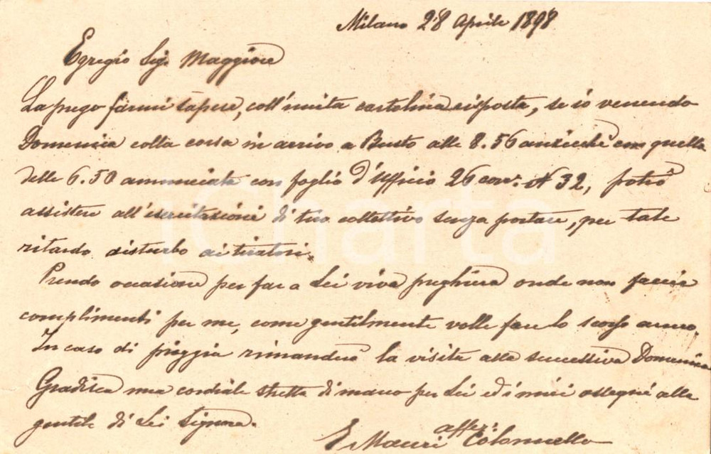 Documento originale, autentico 1898 MILANO Colonnello MAURI chiede permesso a Giuseppe WIRTH per esercitazione 1
