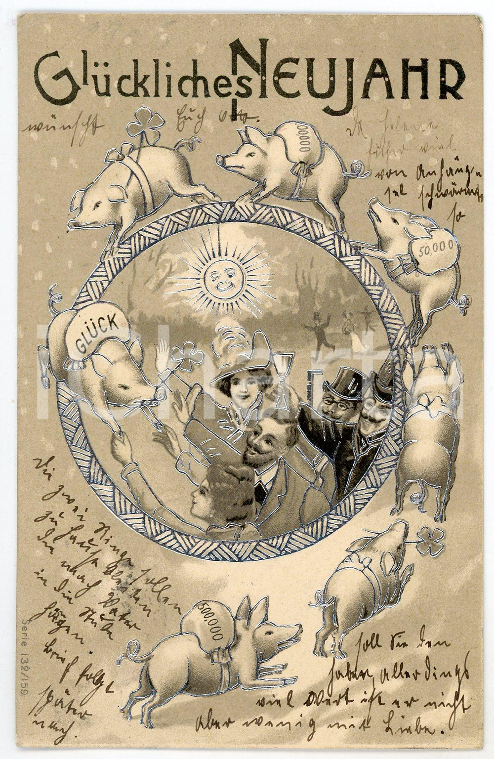 1904 Glückliches Neujahr - Men and women with lucky pigs - Embossed Postcard  Cartolina postale d'epoca, viaggiata, in rilievo.CONDIZIONI: G (smussature angolari)FORMATO: FP    originale e autentica 1