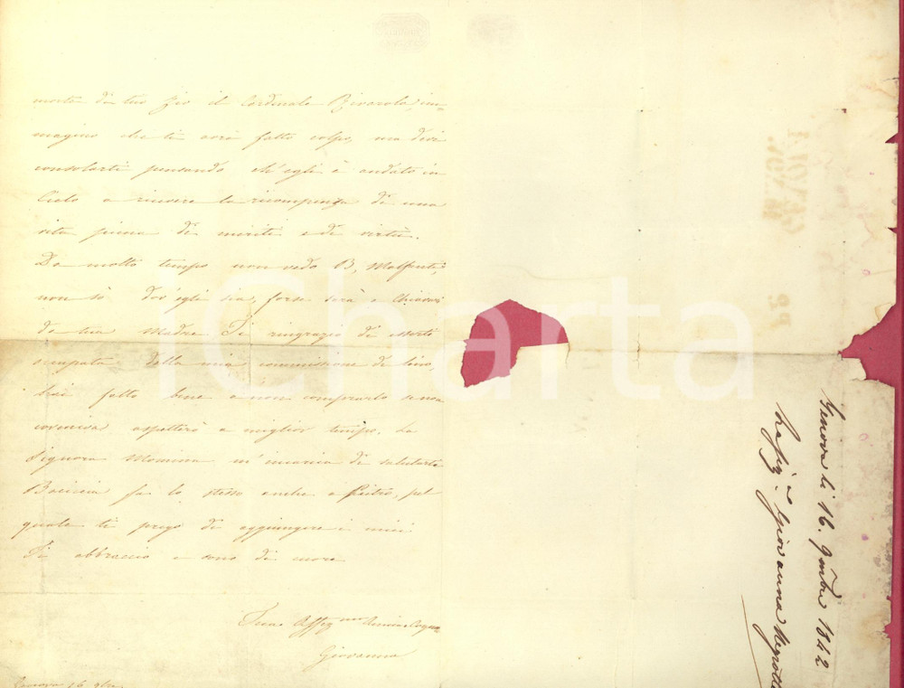 Documento originale, autentico 1842 GENOVA Giovanna NEGROTTO CAMBIASO morte card. Agostino RIVAROLA Autografo 1