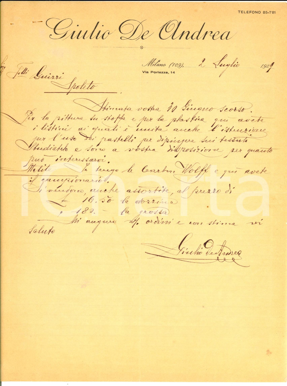 Documento originale, autentico 1929 MILANO Via Porlezza 14  Giulio DE ANDREA per listini pittura su stoffa 1
