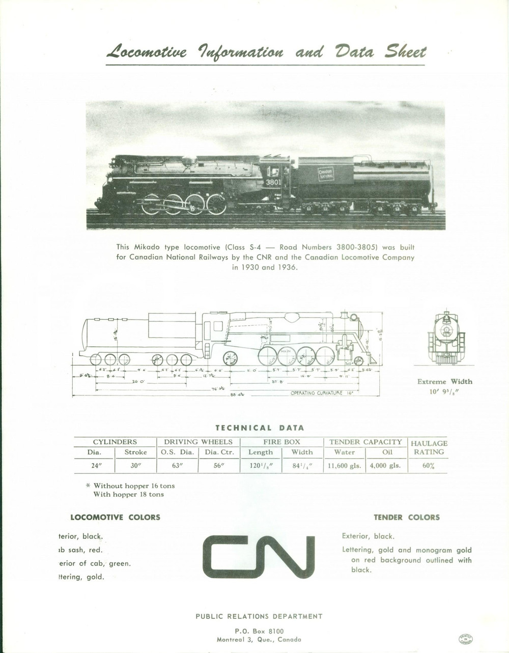 Materiale pubblicitario d’epoca 1975 ca CANADIAN RAILWAYS Locomotiva MIKADO S4 3801 Scheda tecnica 1