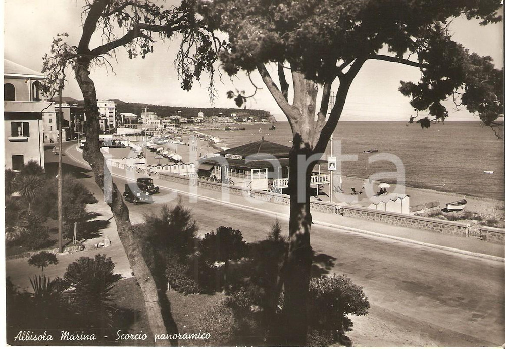 Cartolina originale da collezione 1947 ALBISSOLA MARINA SV Sorpasso tra auto e BAGNI SAVOIA Cartolina FG VG 1