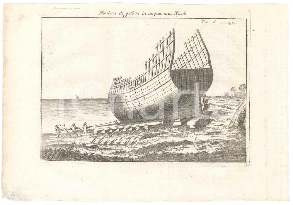 Stampa, bozzetto originale 1800 ca LO SPETTACOLO DELLA NATURA Maniera di gettare in acqua una nave Stampa 1
