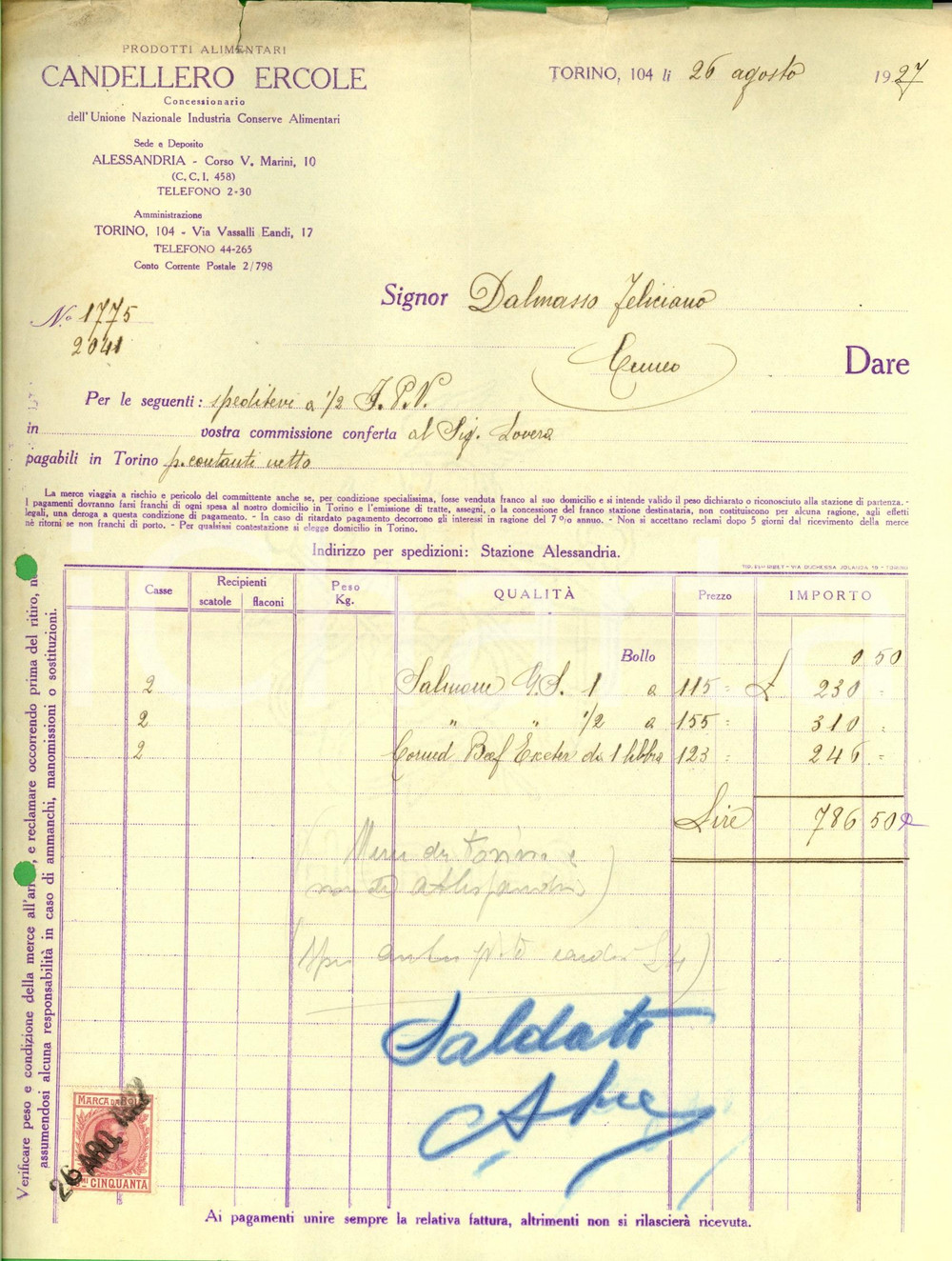 Documento originale, autentico 1927 TORINO Prodotti alimentari Ercole CANDELLERO *Fattura per salmone 1