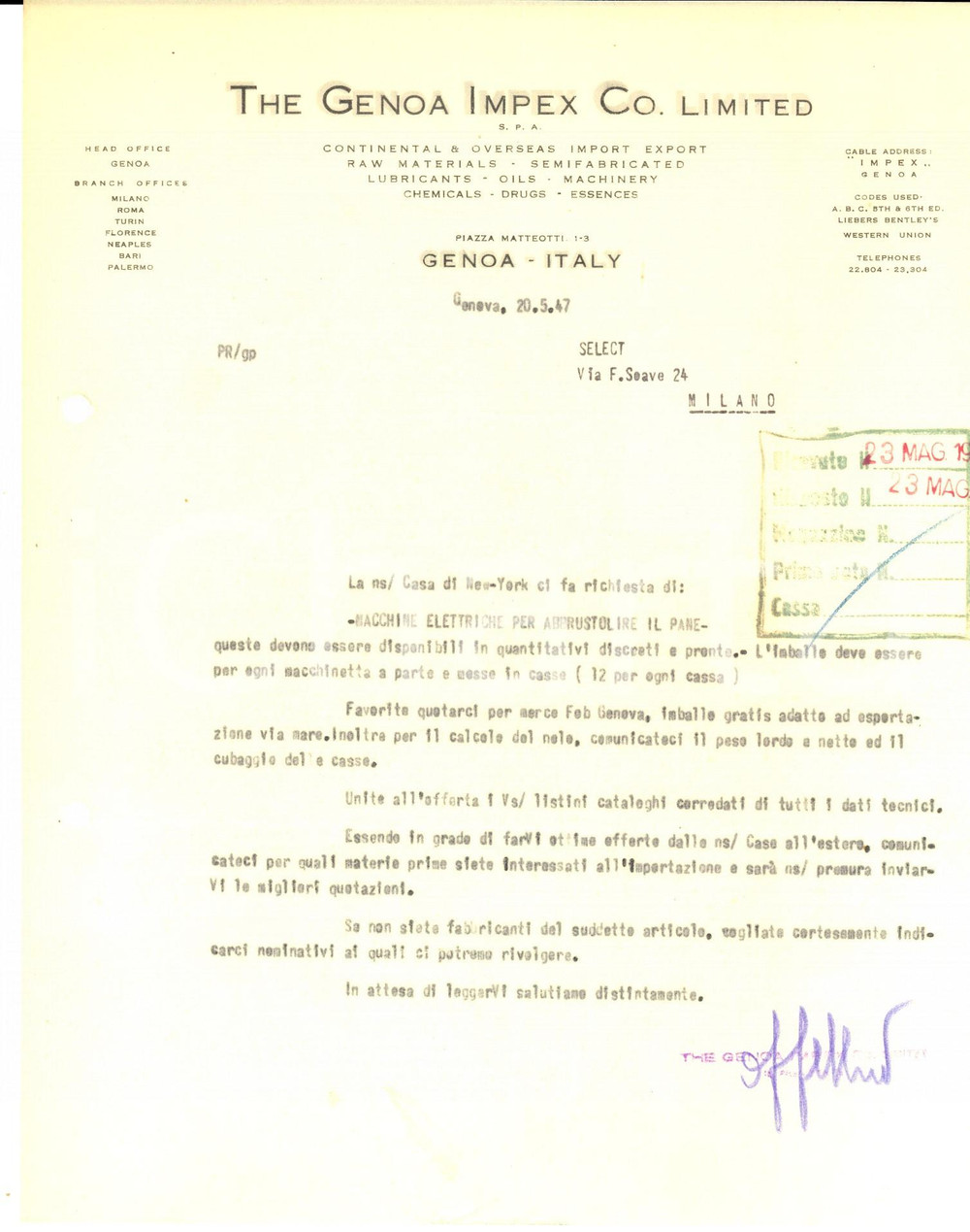 Manoscritto, lettera originale 1947 GENOVA THE GENOA IMPEX CO. Lettera per invio tostapane a New York 1