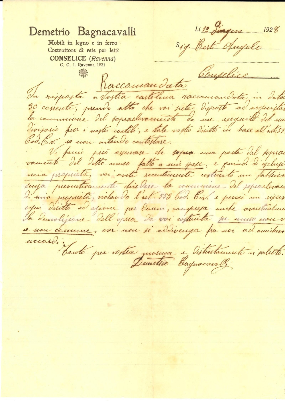 Manoscritto, lettera originale 1928 CONSELICE RA Mobiliere Demetrio BAGNACAVALLI su un fabbricato abusivo 1