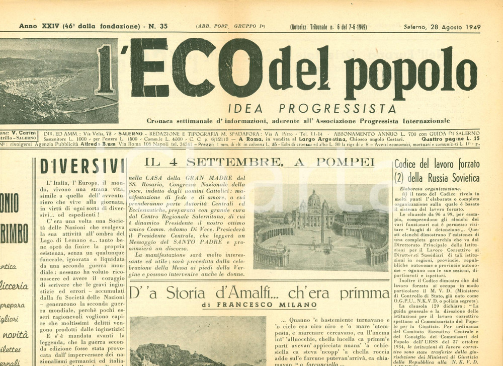 Giornale, rivista storica 1949 SALERNO Giornale ECO DEL POPOLO Storia d'AMALFI dialetto napoletano 1