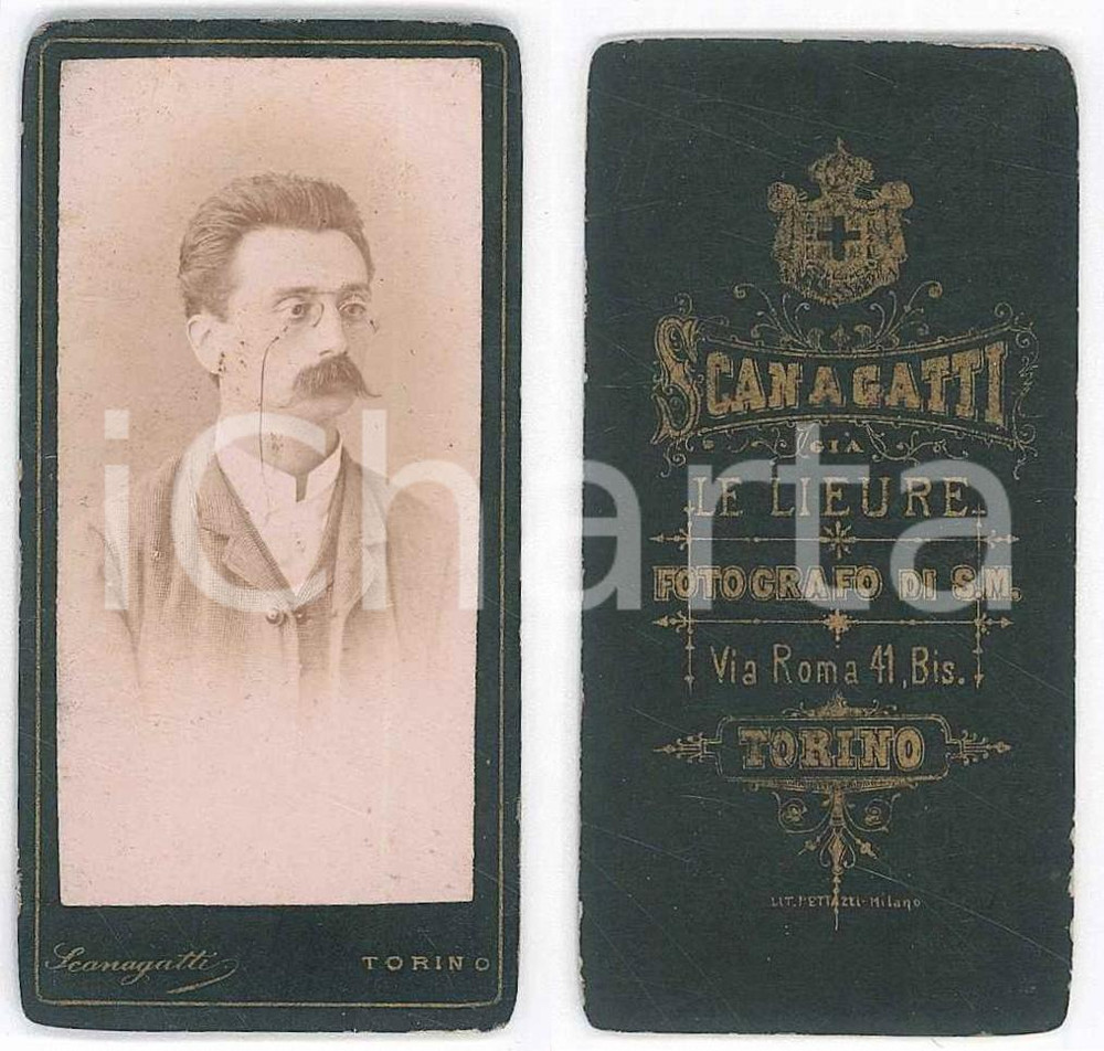 Fotografia d epoca originale 1880 ca TORINO Ritratto maschile con occhiali  Busto  Foto SCANAGATTI 4x8 cm 1