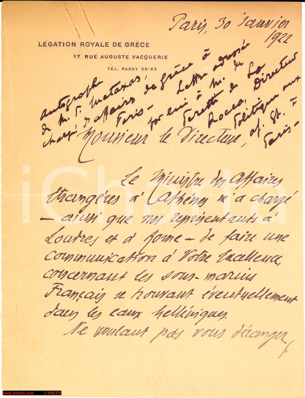 Autografo originale 1922 PARIGI Pierre METAXAS Sottomarini in acque greche 1