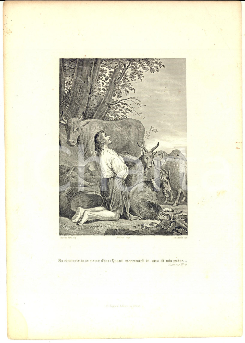 Stampa, bozzetto originale 1870 ca MILANO VANGELO LUCA Il figliol prodigo Stampa inc. SANTAMARIA 20x30 1