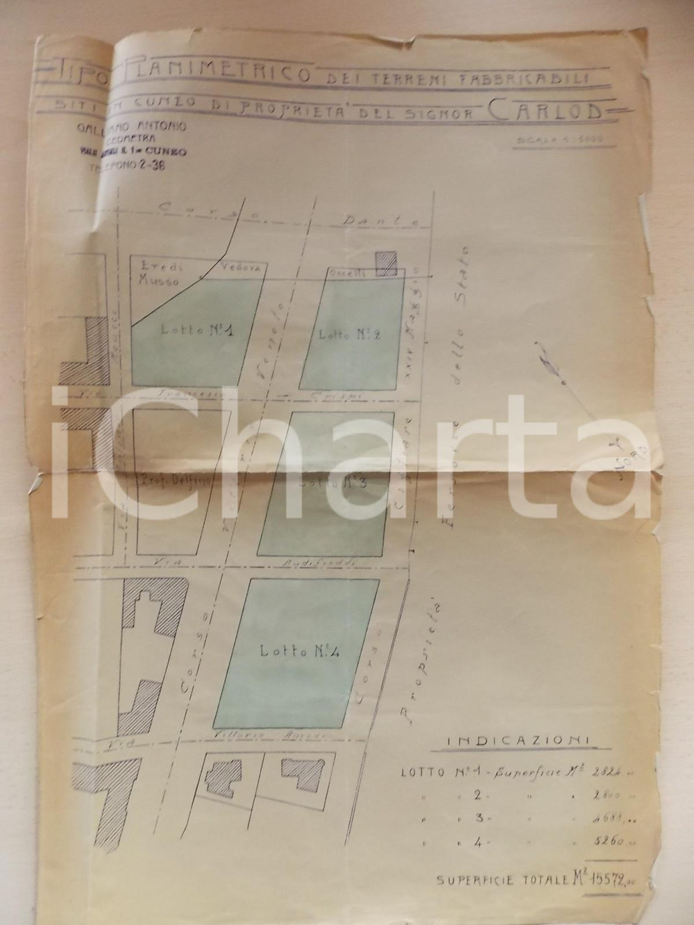 Mappa, planimetria storica 1920 CUNEO Planimetria terreni di Edoardo CARLOD Geom. Antonio GALLIANO 1