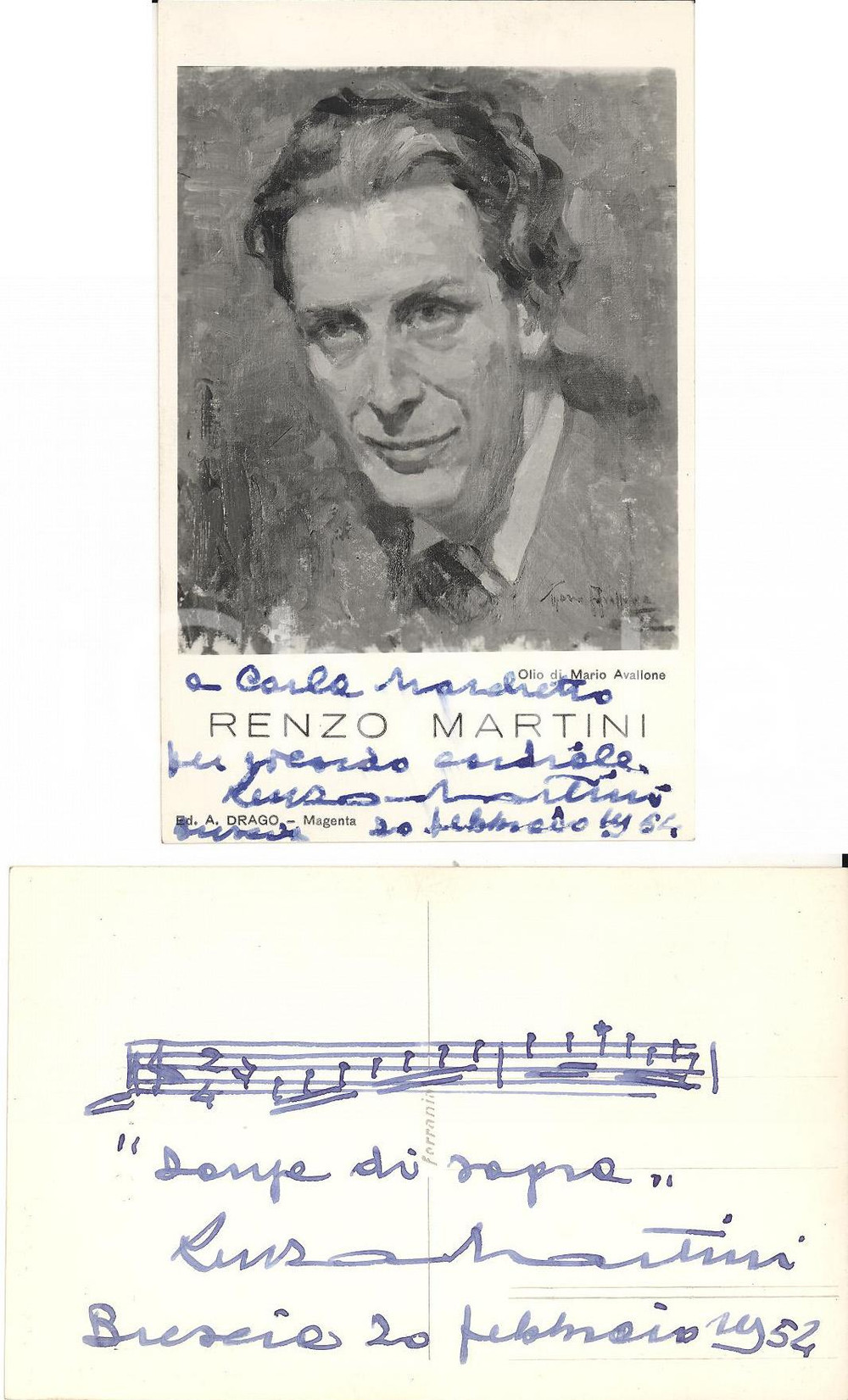 Autografo originale 1954 BRESCIA Autografo musicista Renzo MARTINI su cartolina ritratto AVALLONE 1