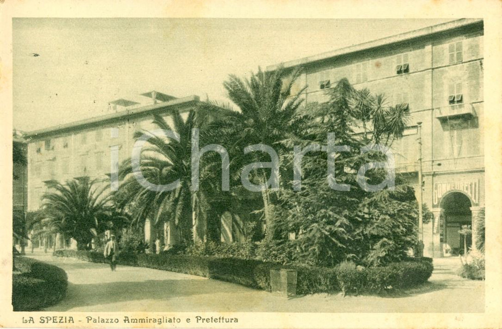 Cartolina originale da collezione 1927 LA SPEZIA Palazzo dell'AMMIRAGLIATO e Prefettura - Insegna Gomme PIRELLI 1