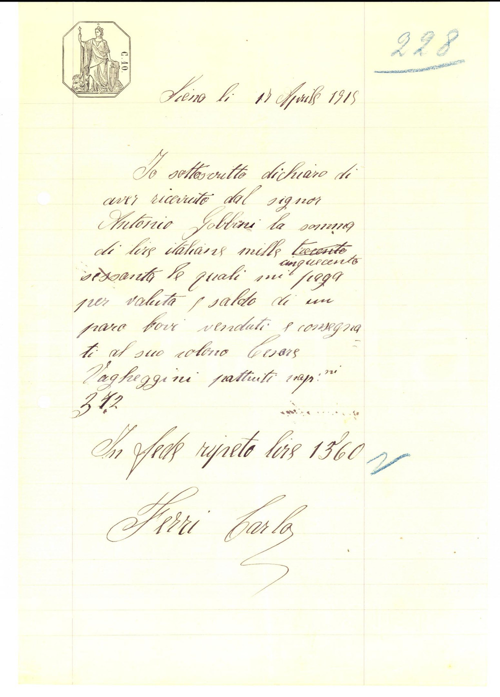 Documento originale, autentico 1915 SIENA Ricevuta Antonio GOBBINI per un paio di buoi 1